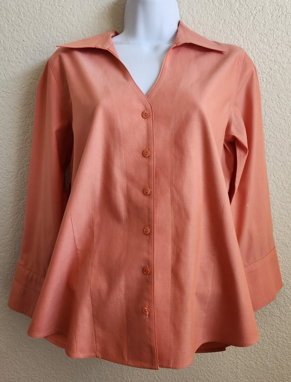 Coldwater Creek Orange Button Up Deep V Neck Dress Top Small Lightweight Collard
